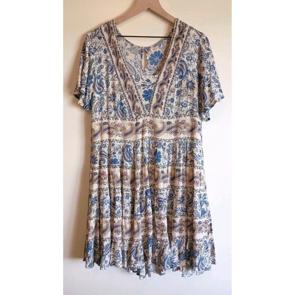 Bila Blue Paisley Crinkle Gauze Boho Babydoll Dress Size L
